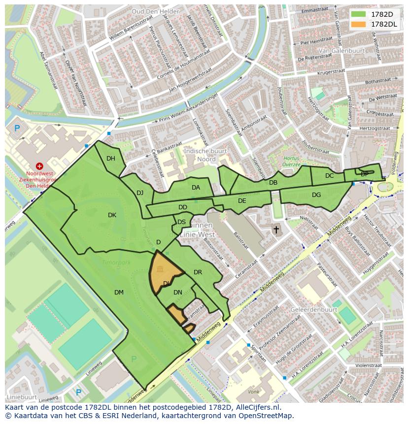 Afbeelding van het postcodegebied 1782 DL op de kaart.
