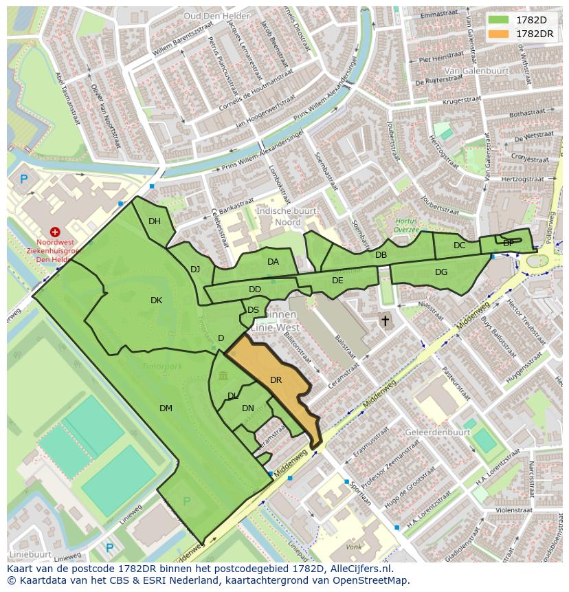 Afbeelding van het postcodegebied 1782 DR op de kaart.