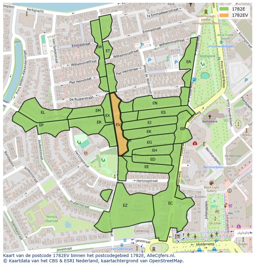 Afbeelding van het postcodegebied 1782 EV op de kaart.