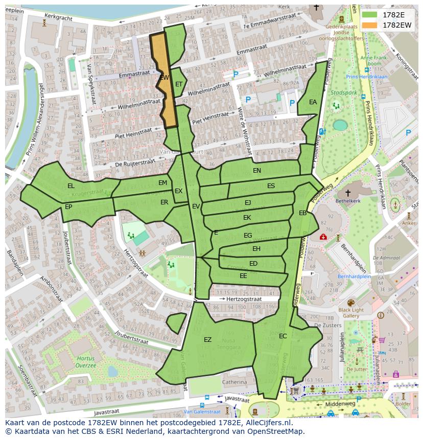 Afbeelding van het postcodegebied 1782 EW op de kaart.