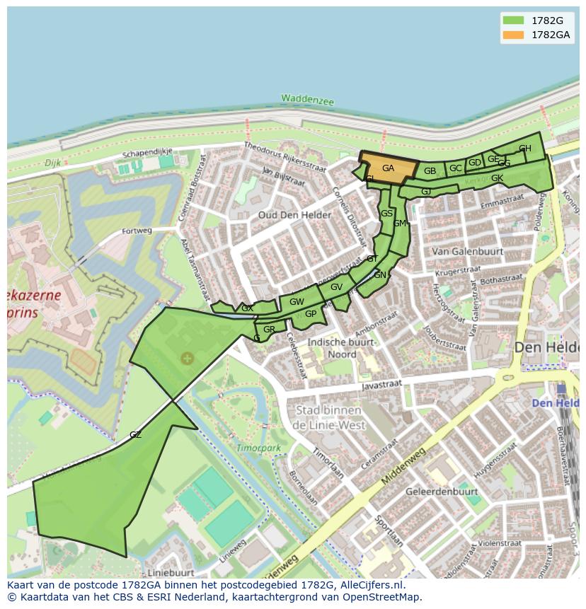 Afbeelding van het postcodegebied 1782 GA op de kaart.