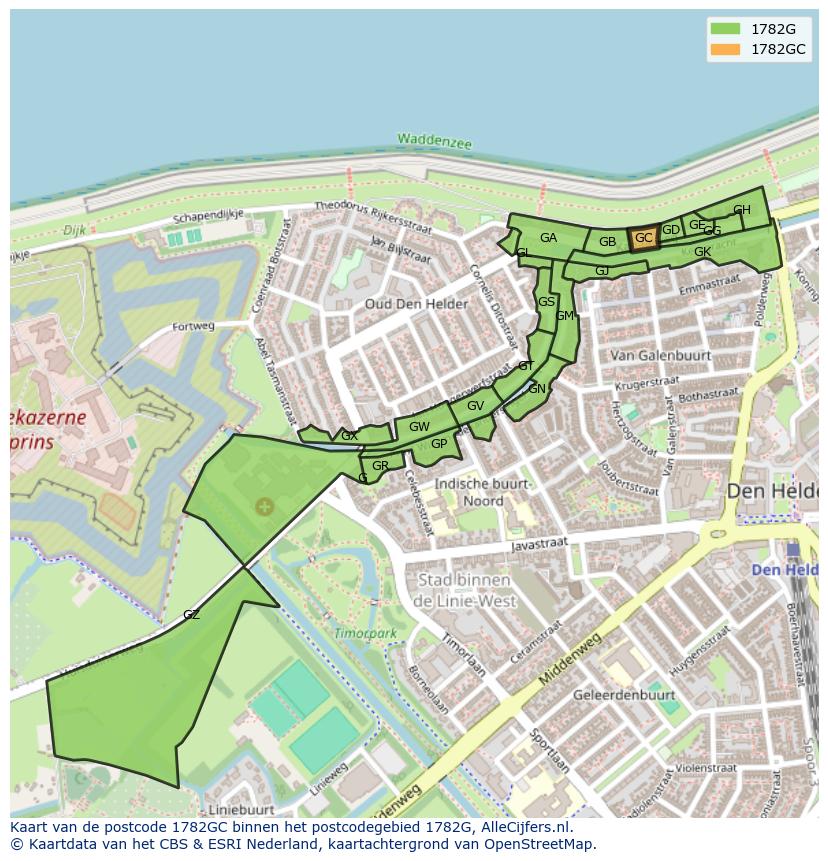 Afbeelding van het postcodegebied 1782 GC op de kaart.