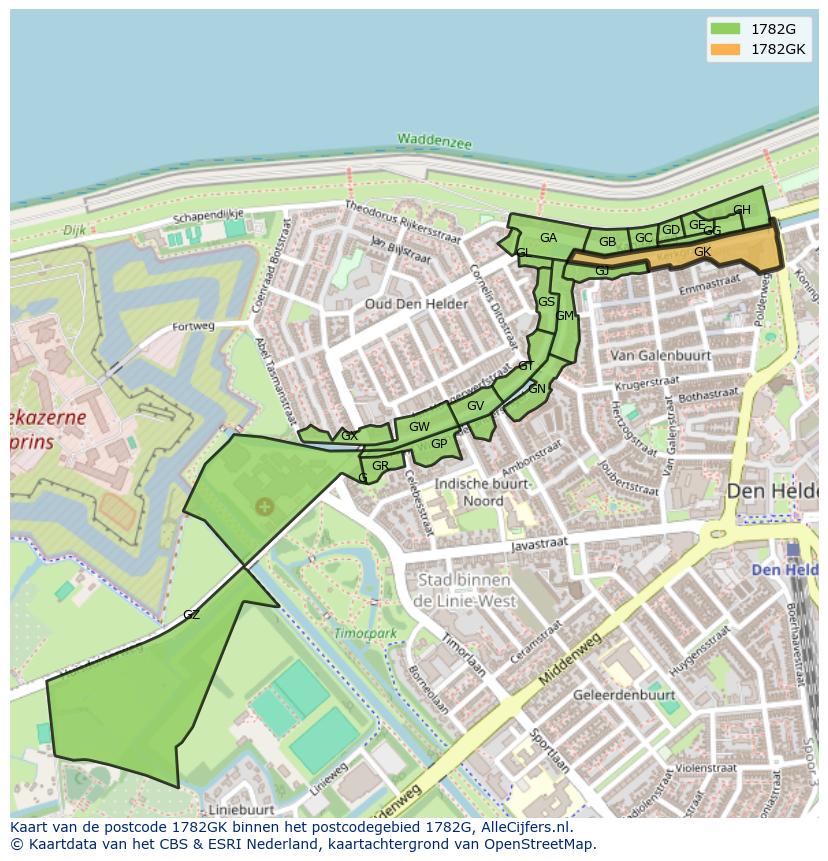 Afbeelding van het postcodegebied 1782 GK op de kaart.