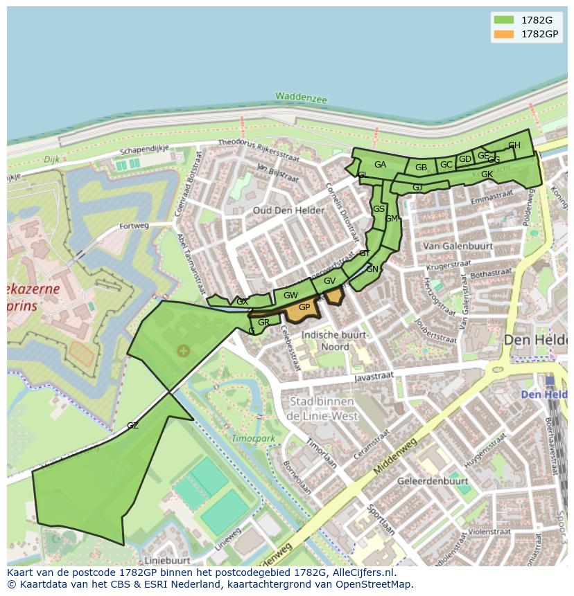 Afbeelding van het postcodegebied 1782 GP op de kaart.