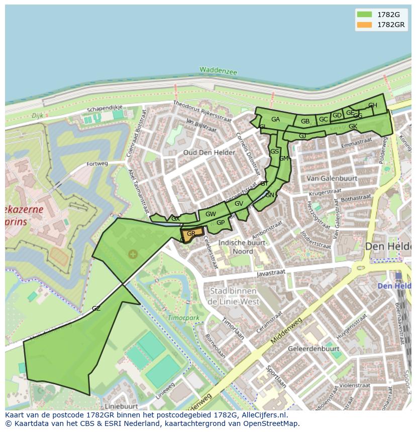 Afbeelding van het postcodegebied 1782 GR op de kaart.