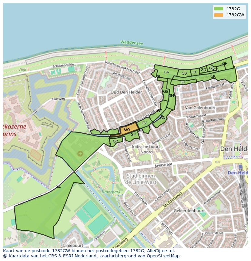 Afbeelding van het postcodegebied 1782 GW op de kaart.