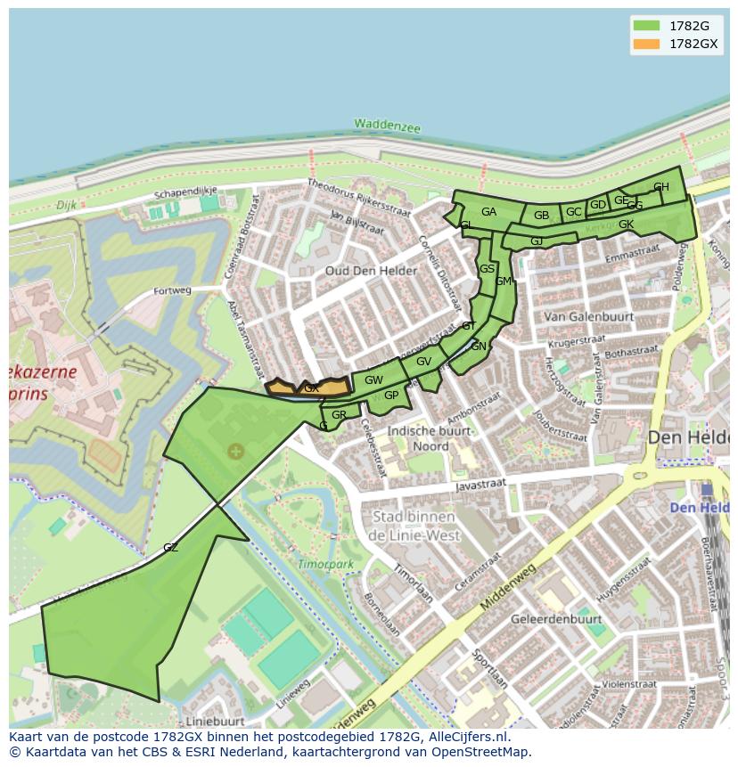 Afbeelding van het postcodegebied 1782 GX op de kaart.