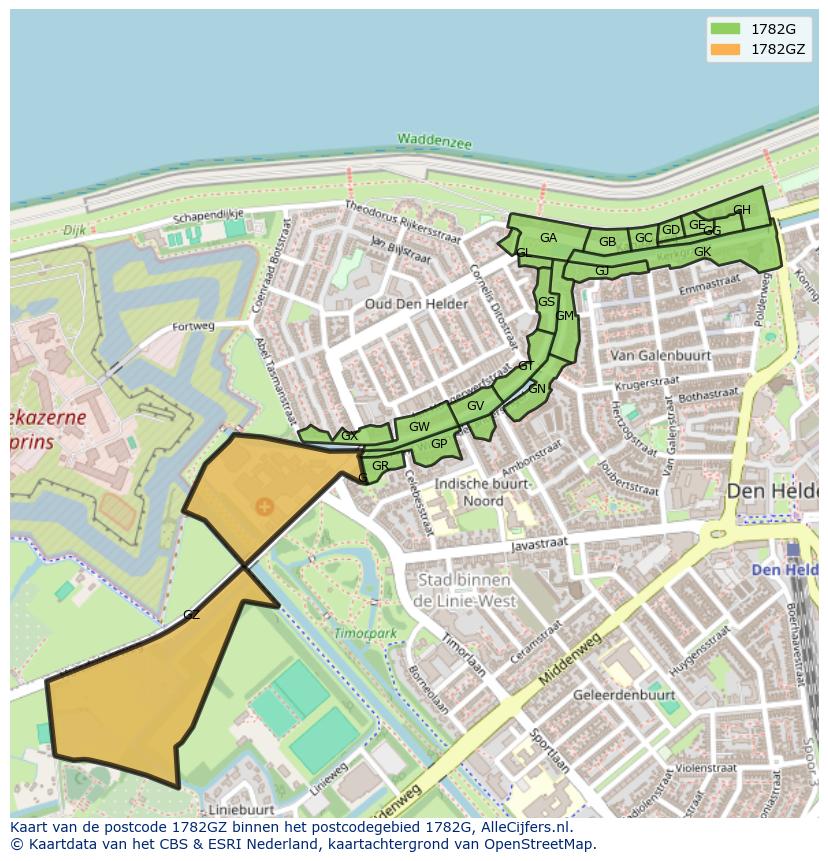 Afbeelding van het postcodegebied 1782 GZ op de kaart.