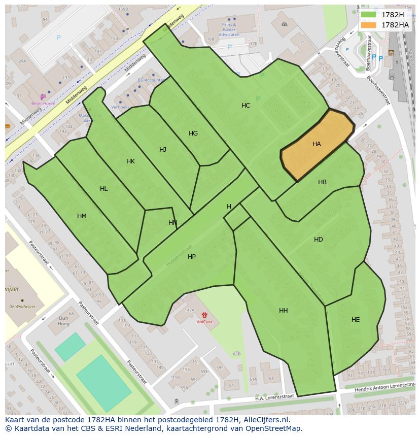 Afbeelding van het postcodegebied 1782 HA op de kaart.