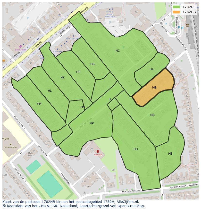 Afbeelding van het postcodegebied 1782 HB op de kaart.