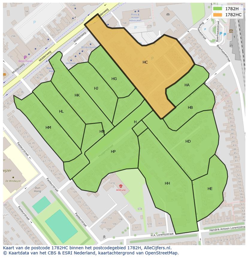 Afbeelding van het postcodegebied 1782 HC op de kaart.