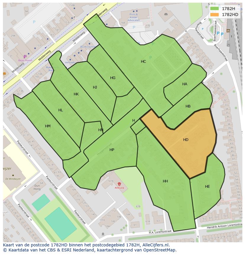 Afbeelding van het postcodegebied 1782 HD op de kaart.