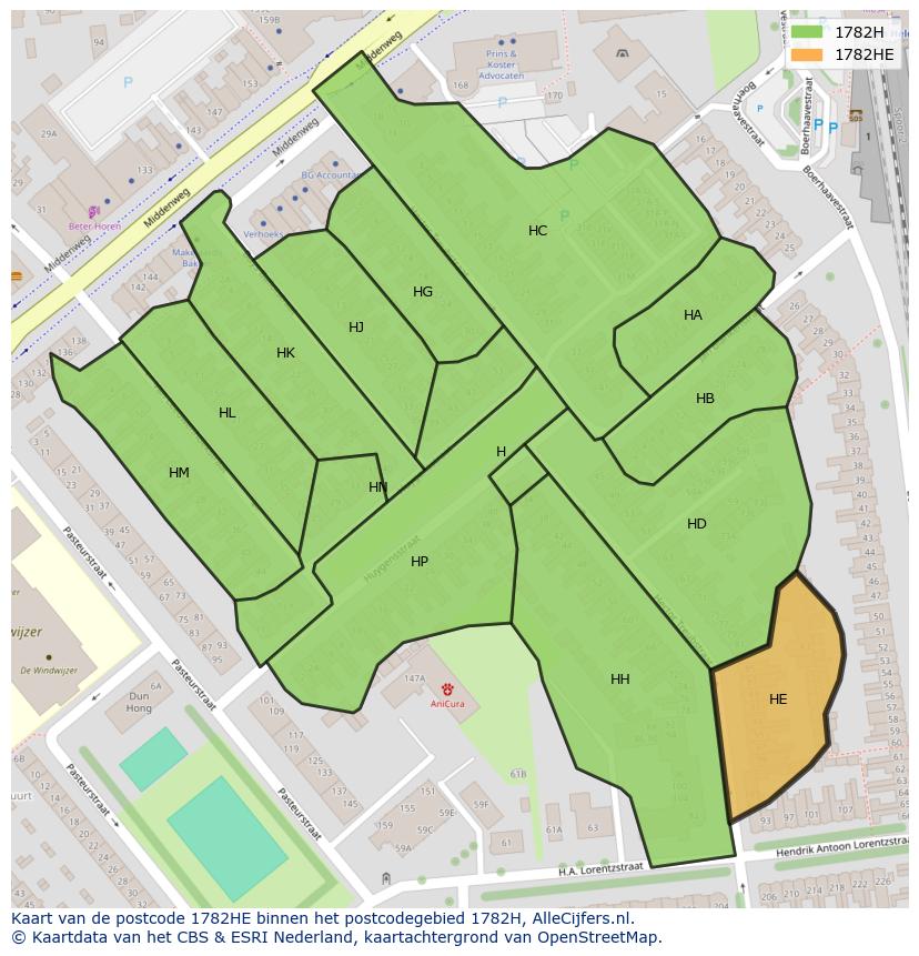Afbeelding van het postcodegebied 1782 HE op de kaart.