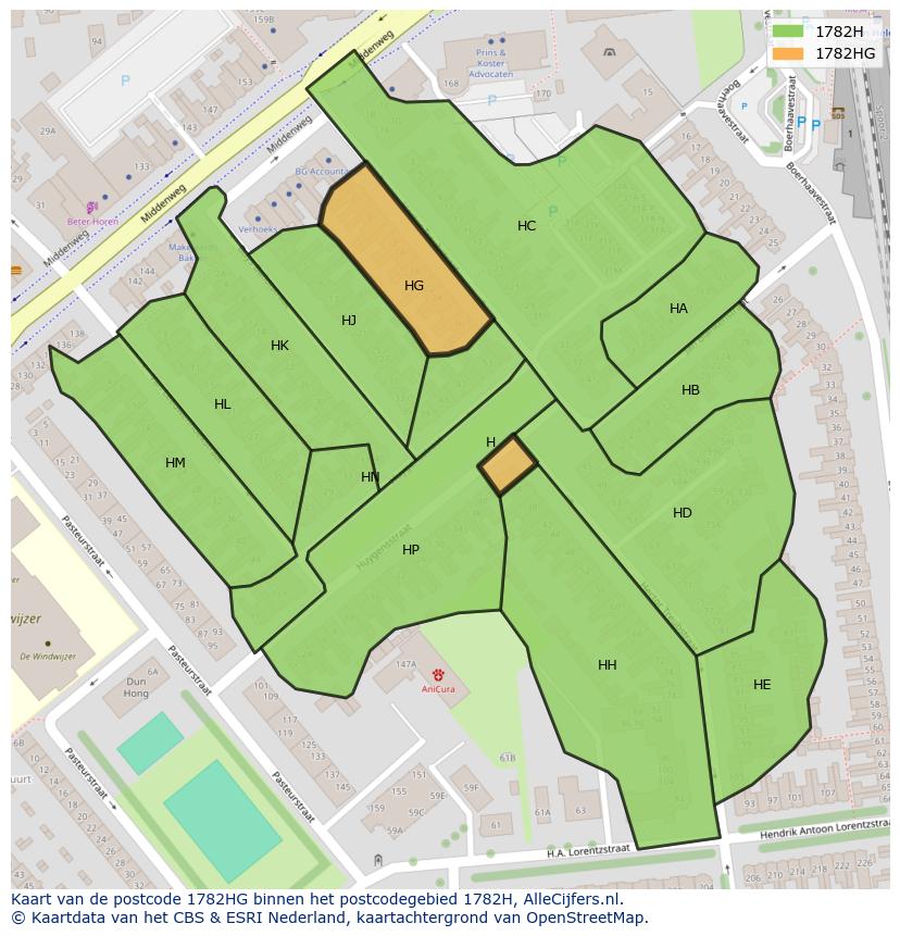 Afbeelding van het postcodegebied 1782 HG op de kaart.