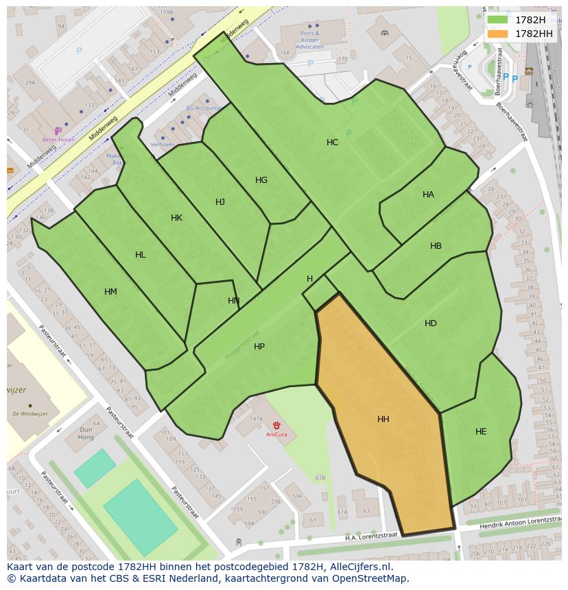 Afbeelding van het postcodegebied 1782 HH op de kaart.