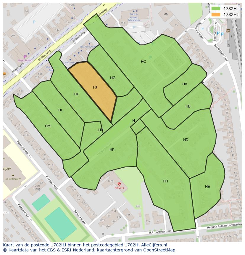 Afbeelding van het postcodegebied 1782 HJ op de kaart.