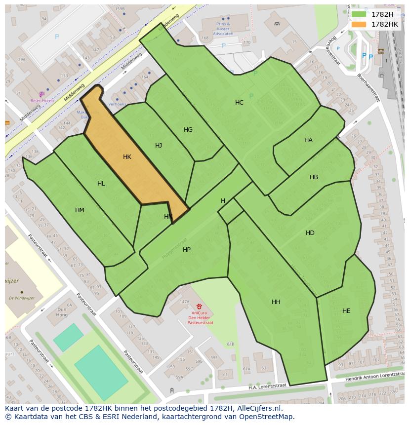 Afbeelding van het postcodegebied 1782 HK op de kaart.