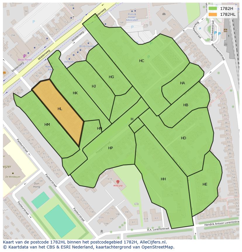 Afbeelding van het postcodegebied 1782 HL op de kaart.