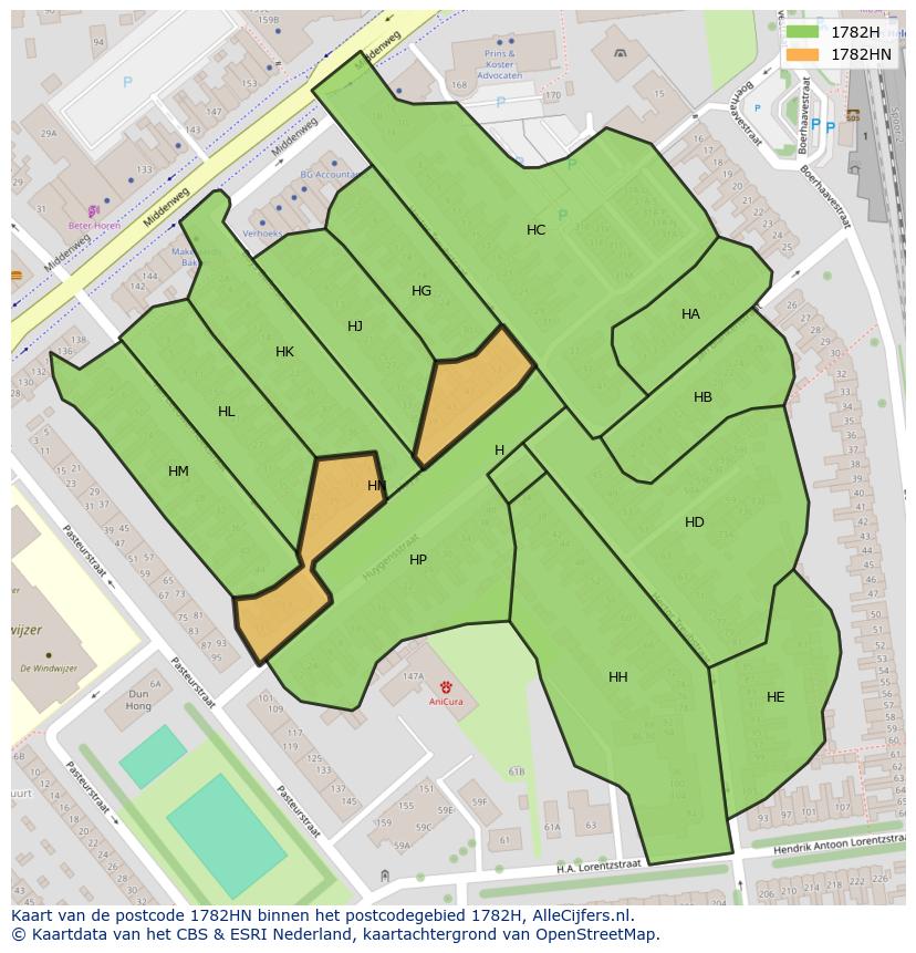 Afbeelding van het postcodegebied 1782 HN op de kaart.