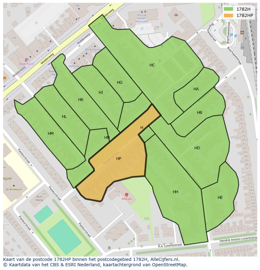 Afbeelding van het postcodegebied 1782 HP op de kaart.