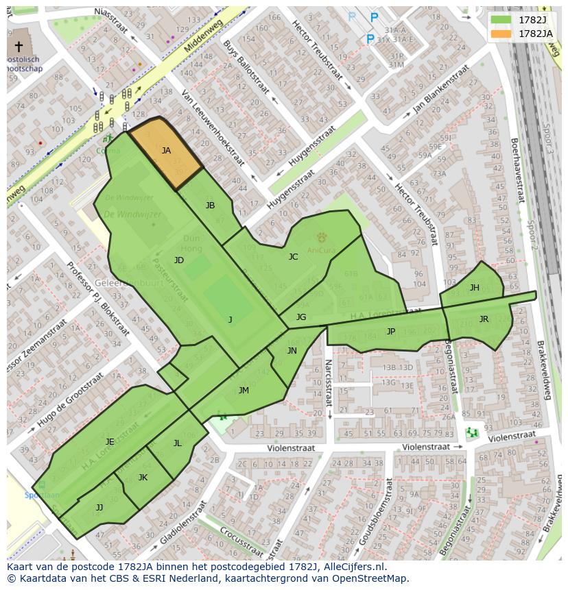 Afbeelding van het postcodegebied 1782 JA op de kaart.