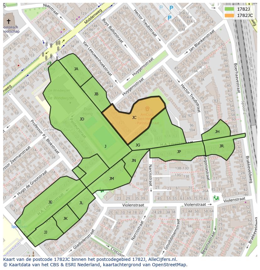 Afbeelding van het postcodegebied 1782 JC op de kaart.