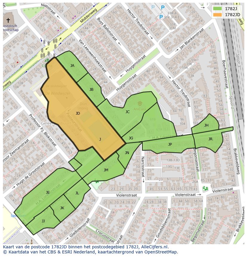 Afbeelding van het postcodegebied 1782 JD op de kaart.