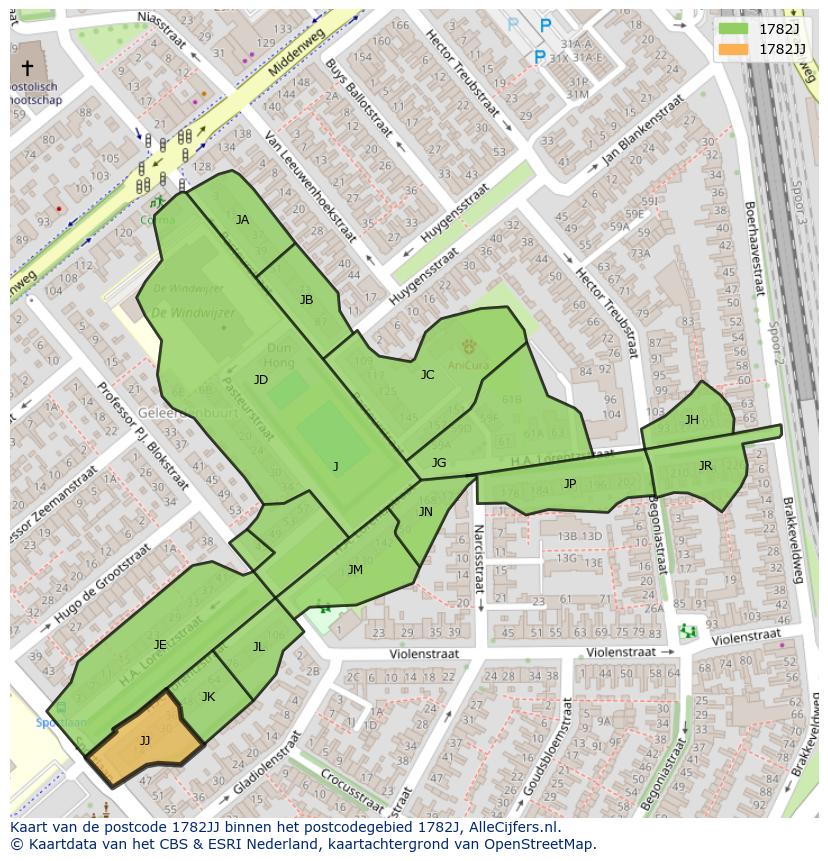 Afbeelding van het postcodegebied 1782 JJ op de kaart.