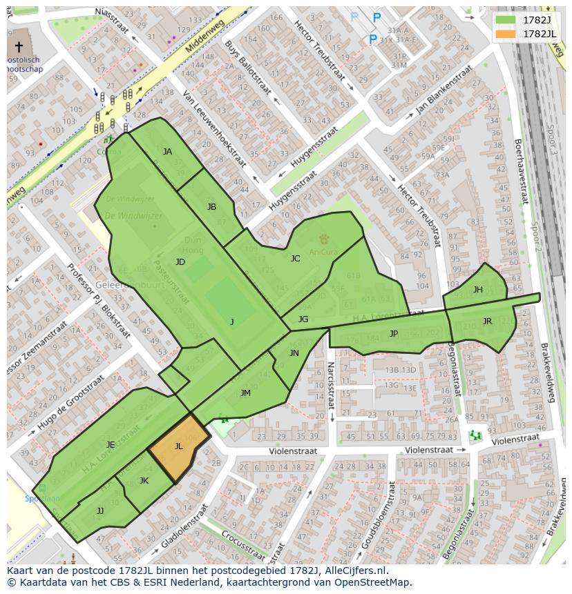 Afbeelding van het postcodegebied 1782 JL op de kaart.
