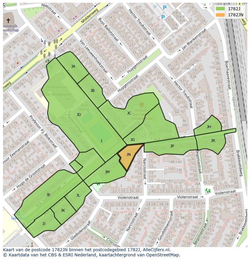 Afbeelding van het postcodegebied 1782 JN op de kaart.