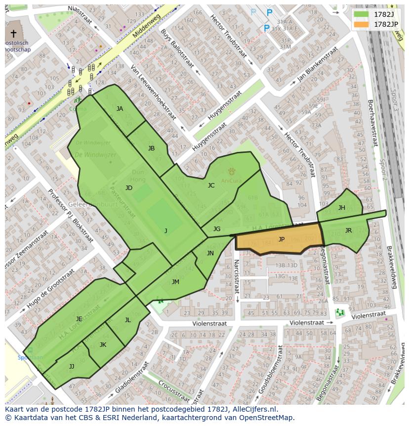 Afbeelding van het postcodegebied 1782 JP op de kaart.