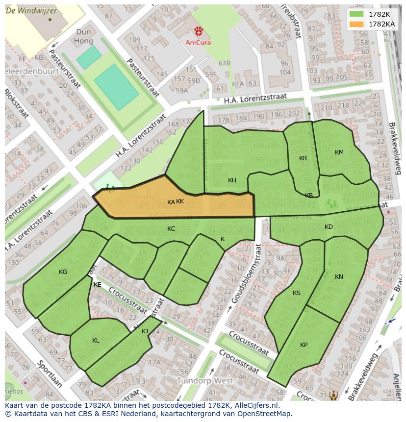Afbeelding van het postcodegebied 1782 KA op de kaart.