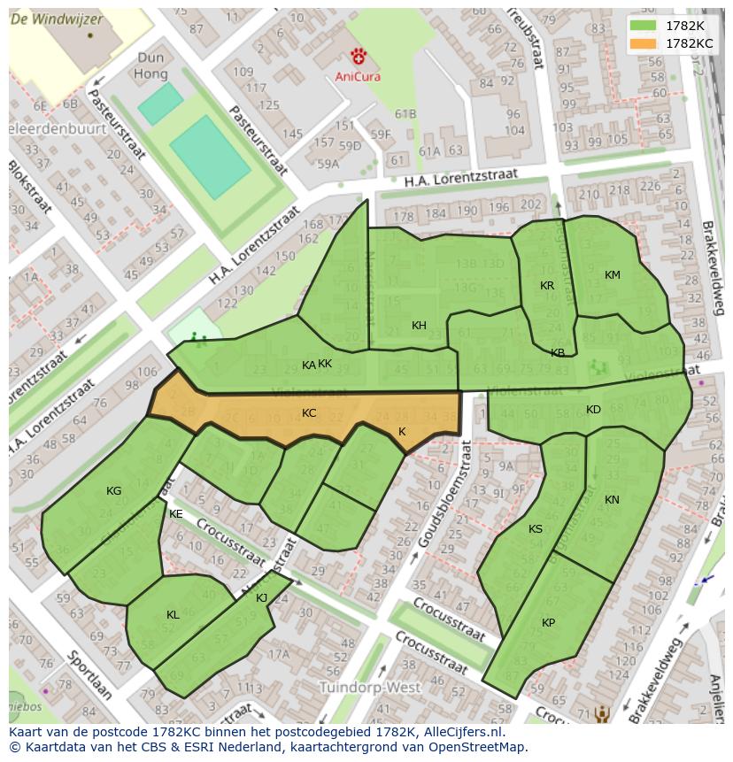 Afbeelding van het postcodegebied 1782 KC op de kaart.