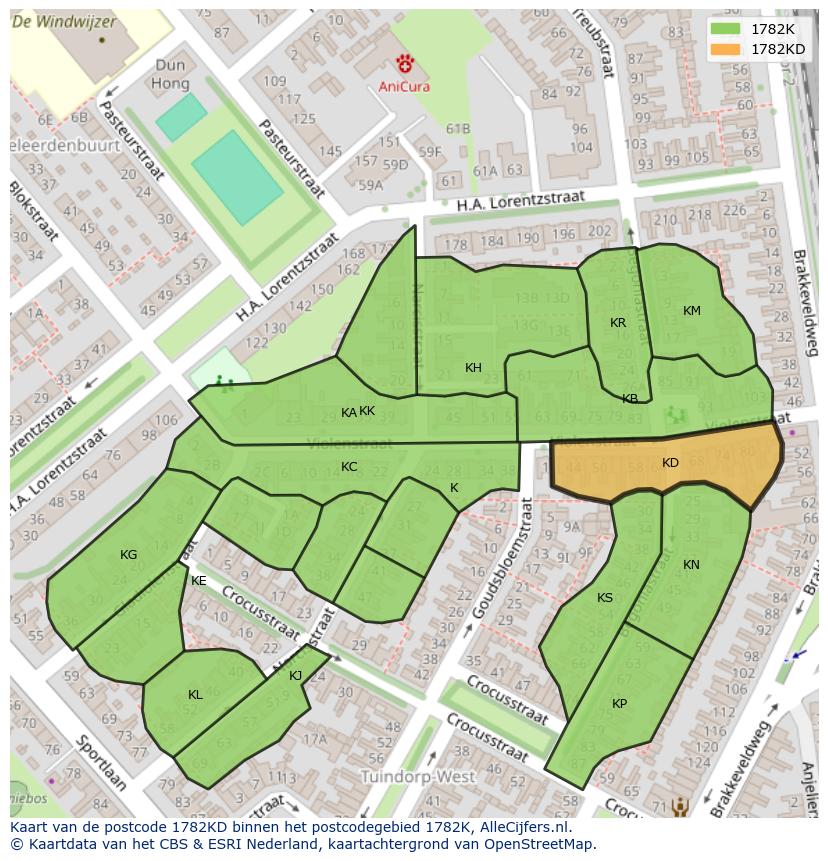 Afbeelding van het postcodegebied 1782 KD op de kaart.
