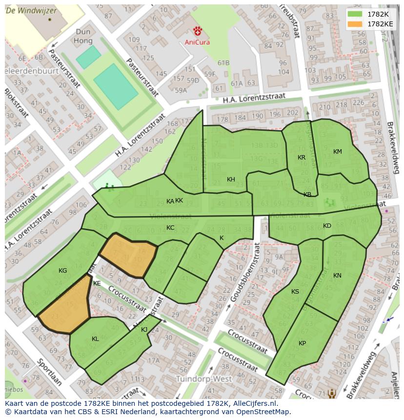 Afbeelding van het postcodegebied 1782 KE op de kaart.