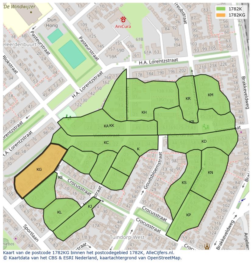 Afbeelding van het postcodegebied 1782 KG op de kaart.