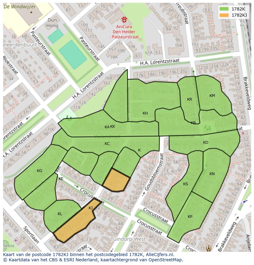 Afbeelding van het postcodegebied 1782 KJ op de kaart.