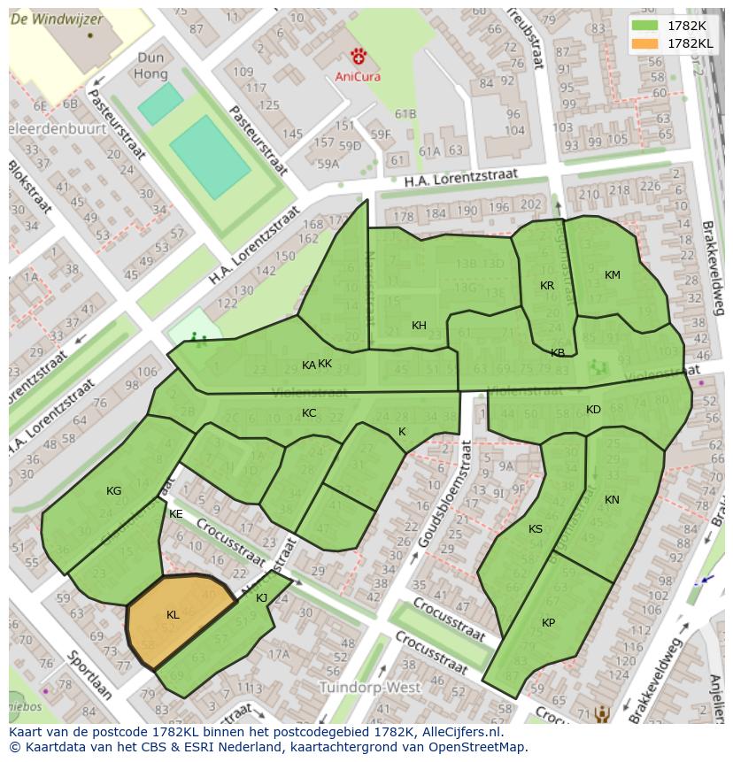 Afbeelding van het postcodegebied 1782 KL op de kaart.