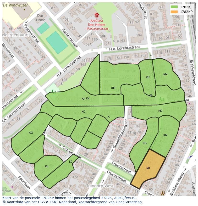 Afbeelding van het postcodegebied 1782 KP op de kaart.