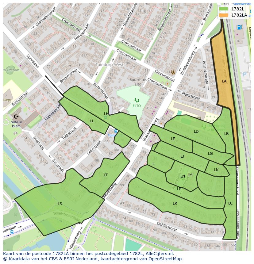 Afbeelding van het postcodegebied 1782 LA op de kaart.