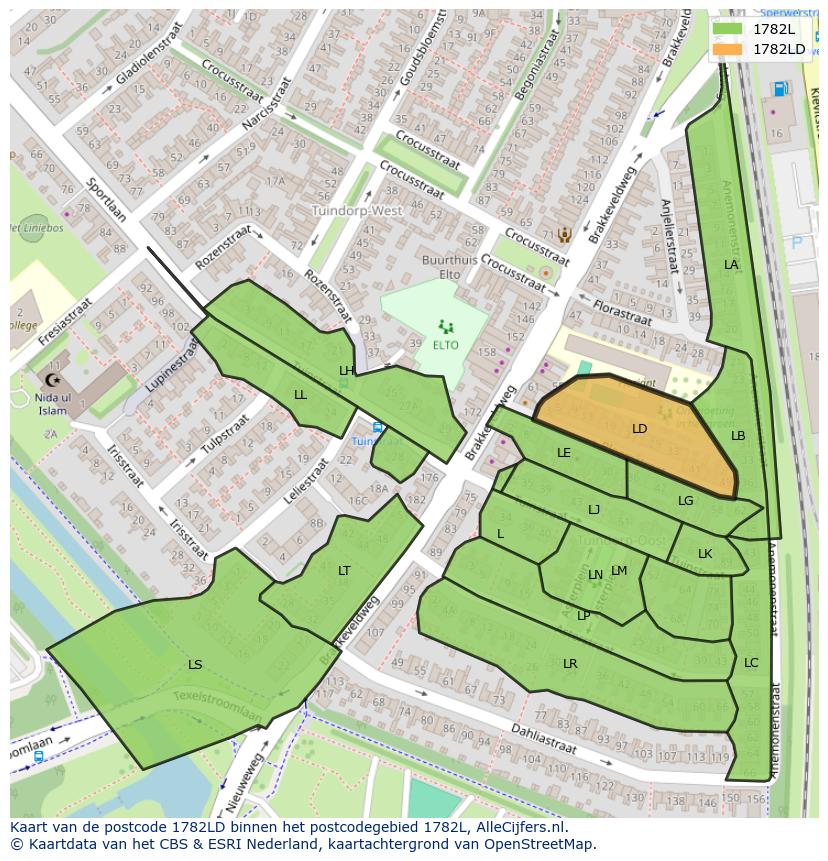 Afbeelding van het postcodegebied 1782 LD op de kaart.