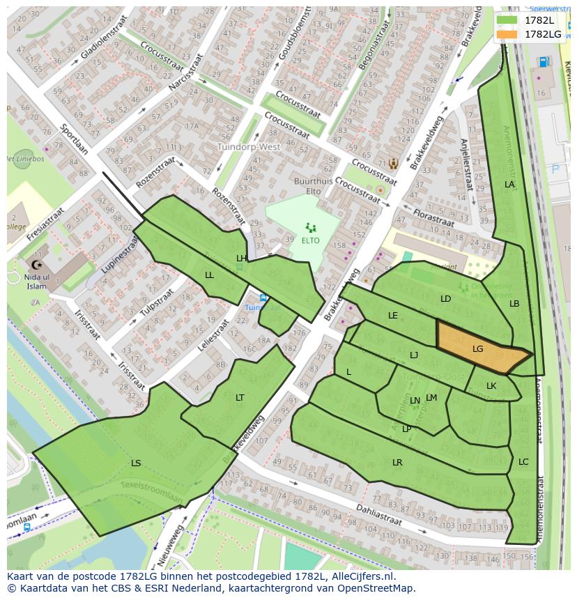 Afbeelding van het postcodegebied 1782 LG op de kaart.
