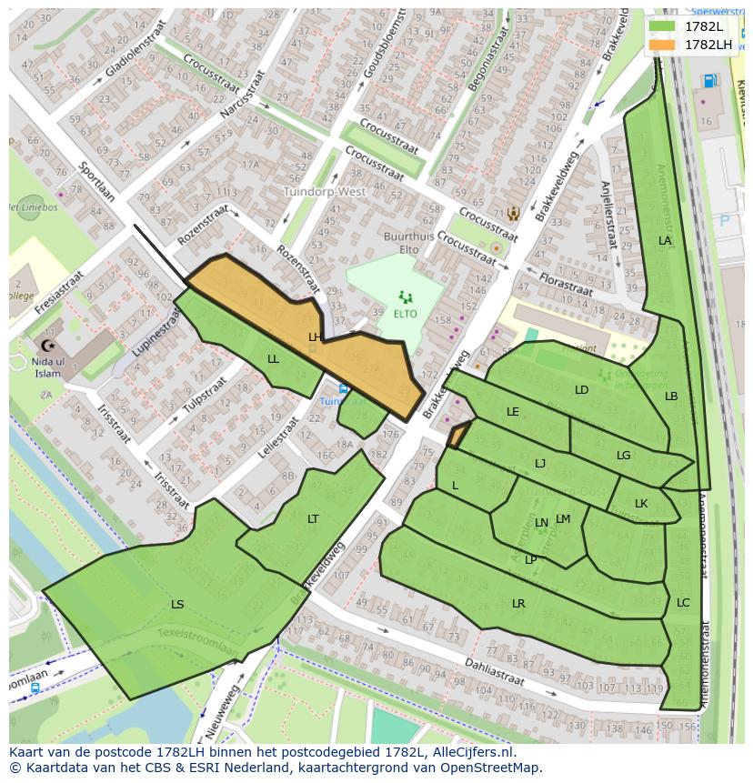 Afbeelding van het postcodegebied 1782 LH op de kaart.