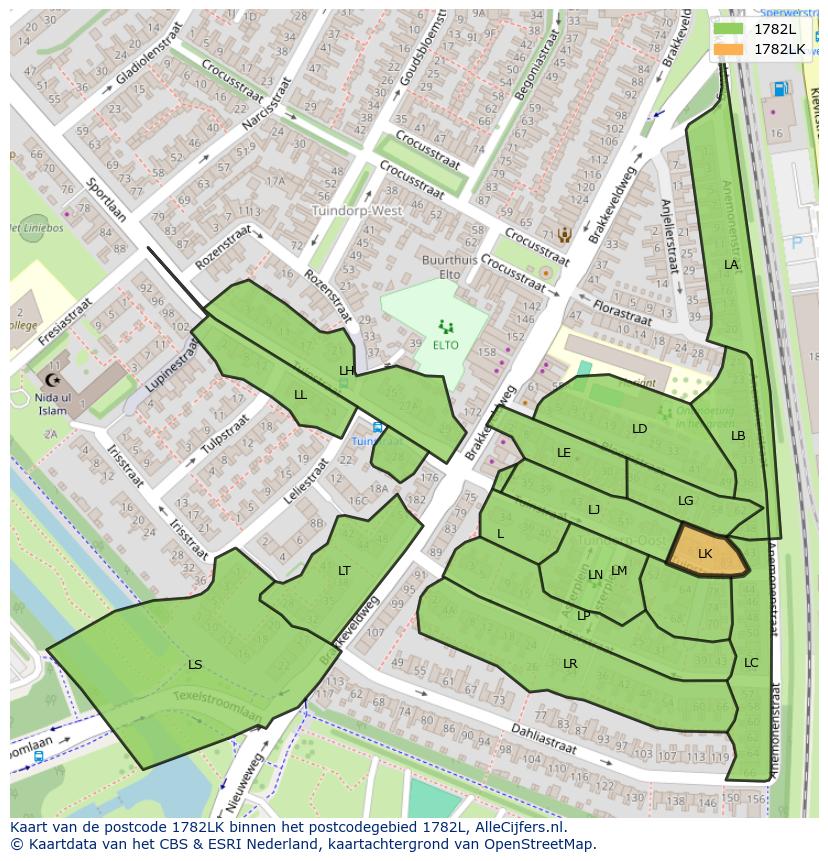 Afbeelding van het postcodegebied 1782 LK op de kaart.