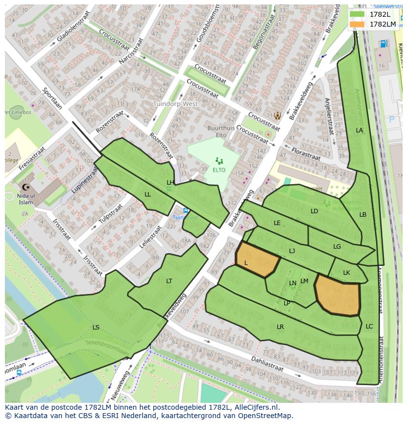 Afbeelding van het postcodegebied 1782 LM op de kaart.