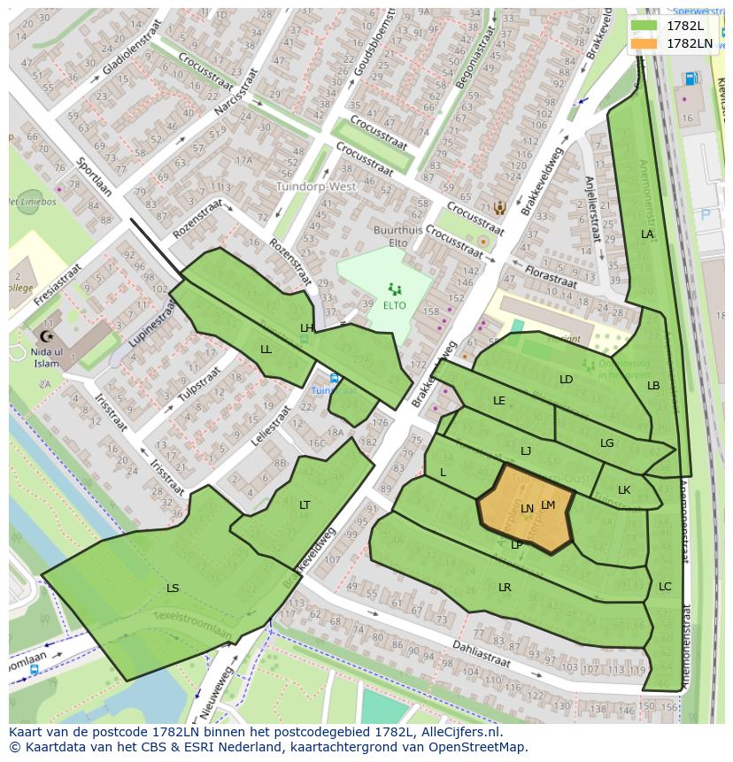 Afbeelding van het postcodegebied 1782 LN op de kaart.
