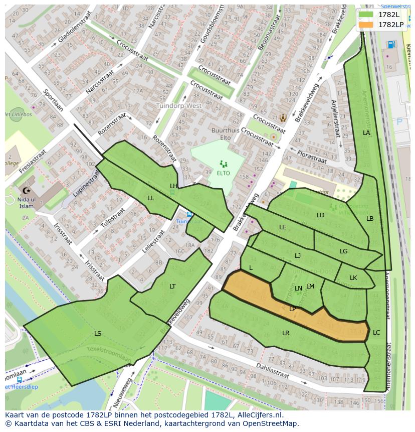 Afbeelding van het postcodegebied 1782 LP op de kaart.