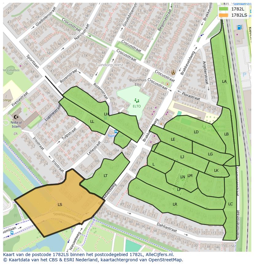 Afbeelding van het postcodegebied 1782 LS op de kaart.