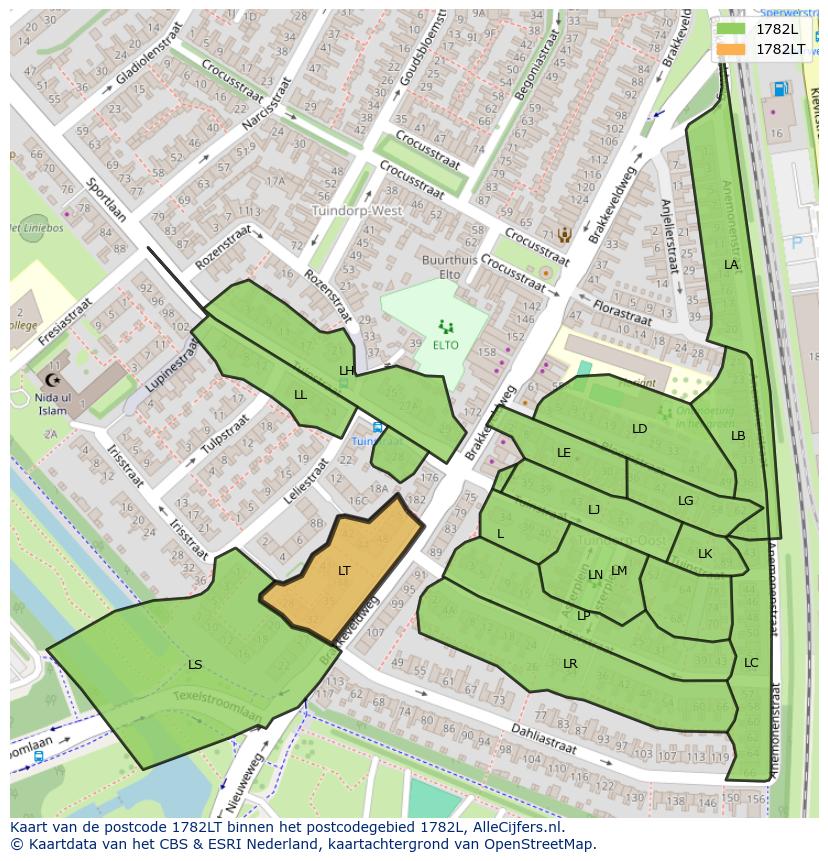 Afbeelding van het postcodegebied 1782 LT op de kaart.
