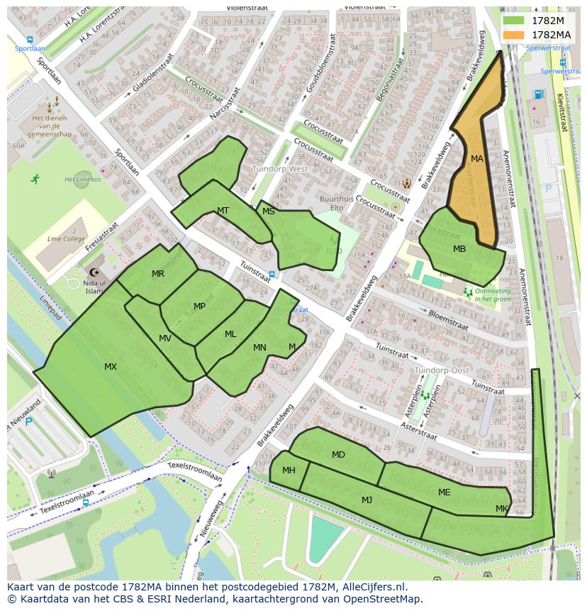 Afbeelding van het postcodegebied 1782 MA op de kaart.